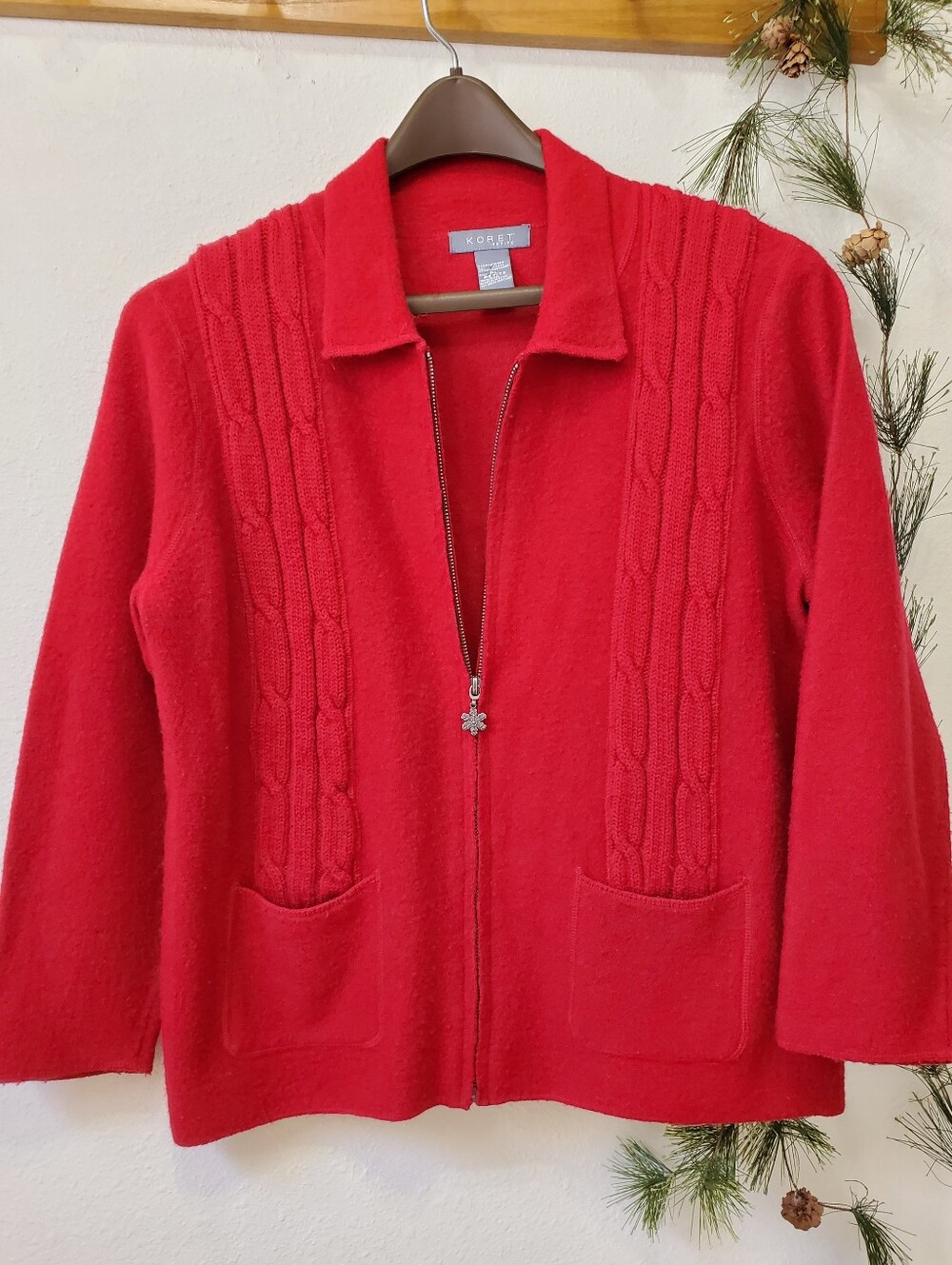 Koret Red Boiled Wool Cable Knit Zip Cardigan Sweater Snowflake Pull Vintage